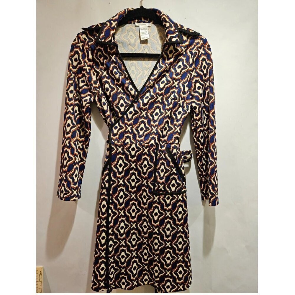 Esley Vintage Long Sleeved Wrap Dress In Brown And Blue Pattern Women's Small
